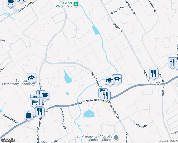 map of restaurants, bars, coffee shops, grocery stores, and more near 2745 Turning Leaf Drive North West in Lawrenceville