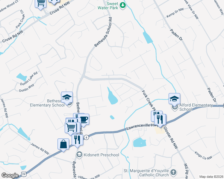 map of restaurants, bars, coffee shops, grocery stores, and more near 552 Autumn Shore Drive in Lawrenceville