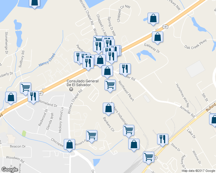 map of restaurants, bars, coffee shops, grocery stores, and more near 3029 Bankers Industrial Drive in Atlanta