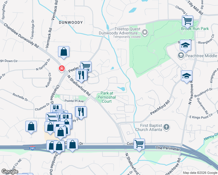 map of restaurants, bars, coffee shops, grocery stores, and more near 3701 Lake Ridge Lane in Dunwoody