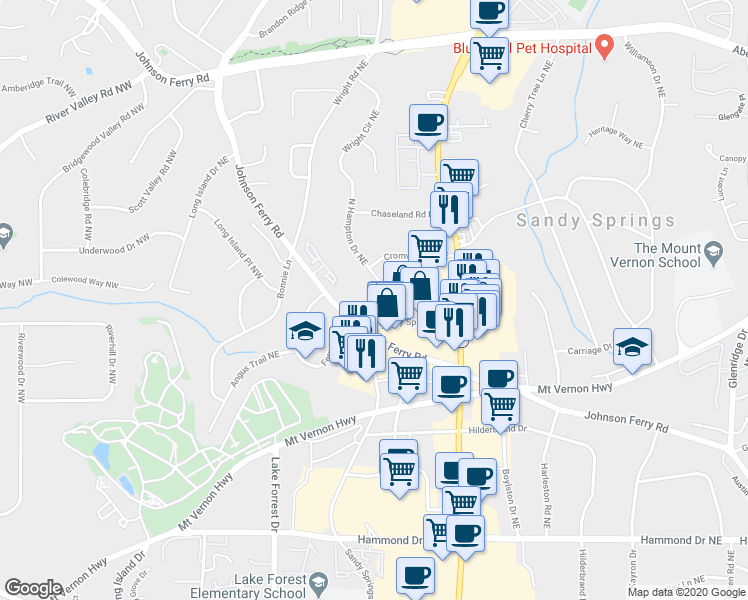 map of restaurants, bars, coffee shops, grocery stores, and more near 6332 North Hampton Drive Northeast in Atlanta