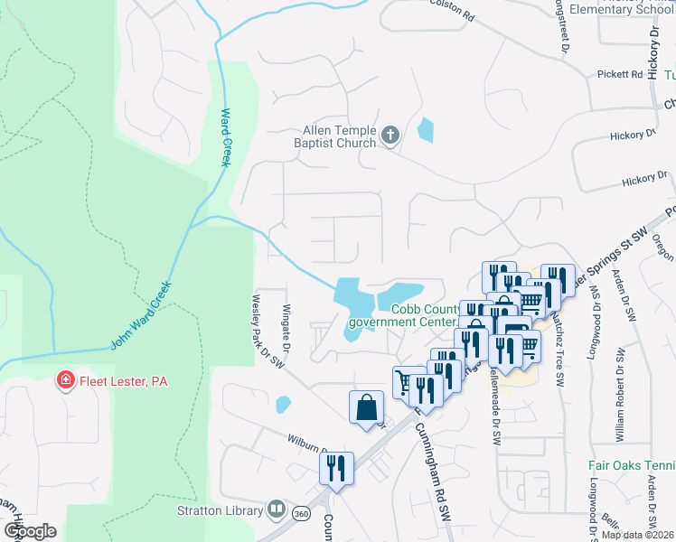 map of restaurants, bars, coffee shops, grocery stores, and more near 981 Marbury Court Southwest in Marietta