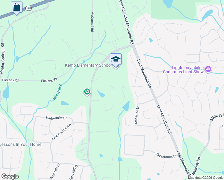 map of restaurants, bars, coffee shops, grocery stores, and more near 1082 Meadow Grass Lane in Powder Springs