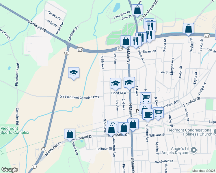 map of restaurants, bars, coffee shops, grocery stores, and more near 602 Hood Street West in Piedmont
