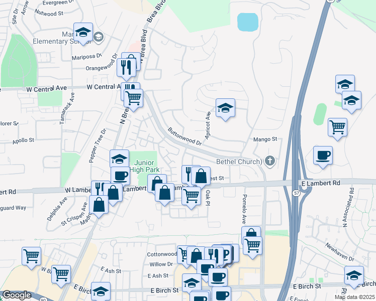 map of restaurants, bars, coffee shops, grocery stores, and more near 501 Candlewood Street in Brea