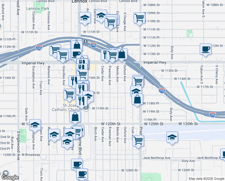 map of restaurants, bars, coffee shops, grocery stores, and more near 11726 Freeman Avenue in Hawthorne