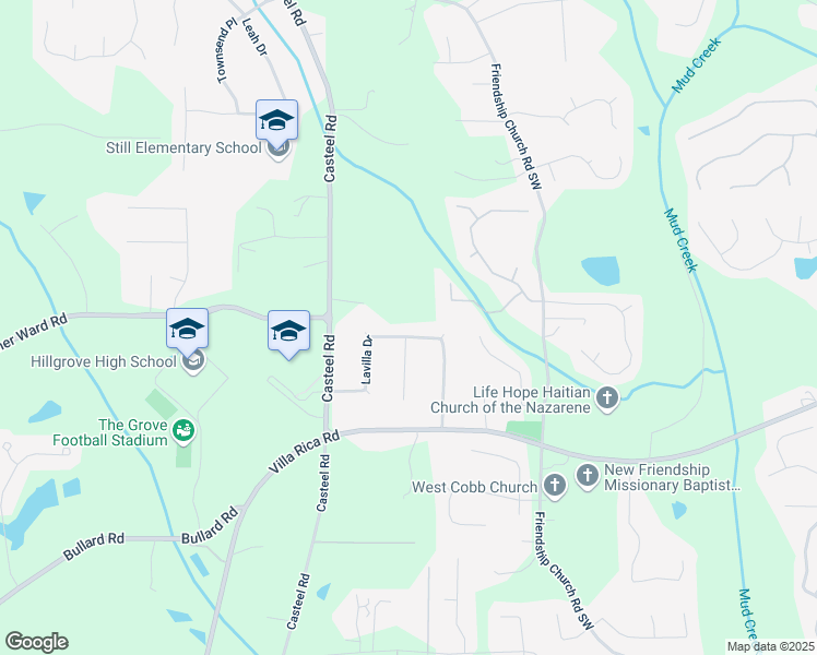 map of restaurants, bars, coffee shops, grocery stores, and more near 3710 Lavilla Drive in Powder Springs