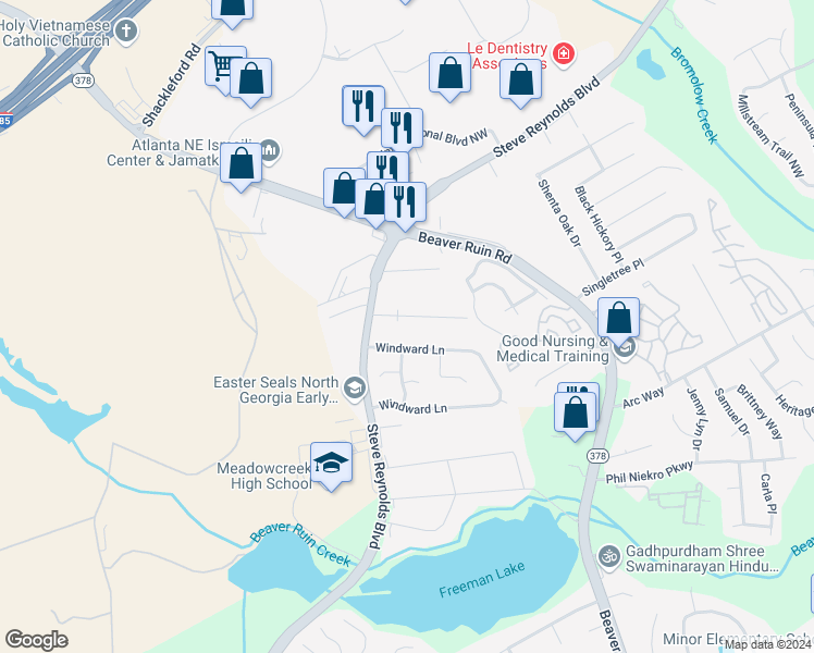 map of restaurants, bars, coffee shops, grocery stores, and more near 4392 Redgate Road in Norcross