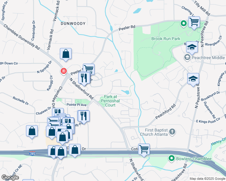 map of restaurants, bars, coffee shops, grocery stores, and more near 3701 Lake Ridge Lane in Dunwoody