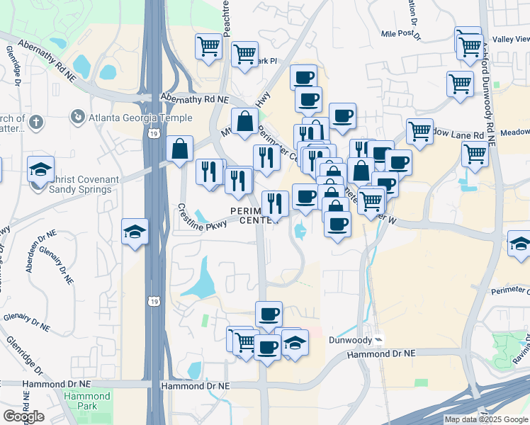 map of restaurants, bars, coffee shops, grocery stores, and more near 9000 Central Parkway West in Atlanta