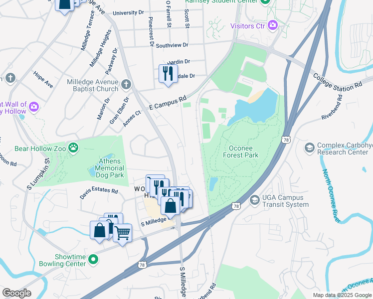 map of restaurants, bars, coffee shops, grocery stores, and more near 210 Rogers Rd in Athens