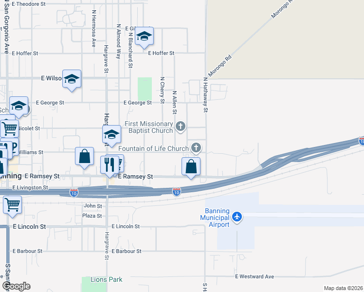 map of restaurants, bars, coffee shops, grocery stores, and more near 245 North Evans Street in Banning