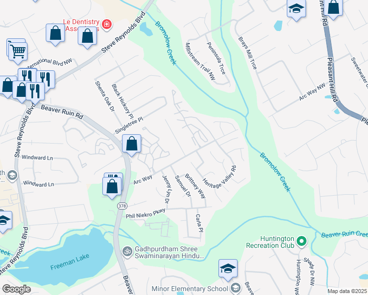 map of restaurants, bars, coffee shops, grocery stores, and more near 1222 Sweet Pine Drive in Norcross