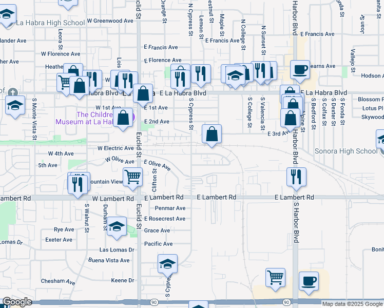 map of restaurants, bars, coffee shops, grocery stores, and more near 400 South Cypress Street in La Habra