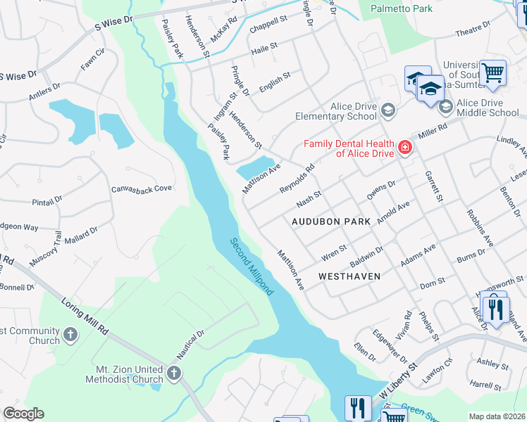map of restaurants, bars, coffee shops, grocery stores, and more near 721 Mattison Avenue in Sumter