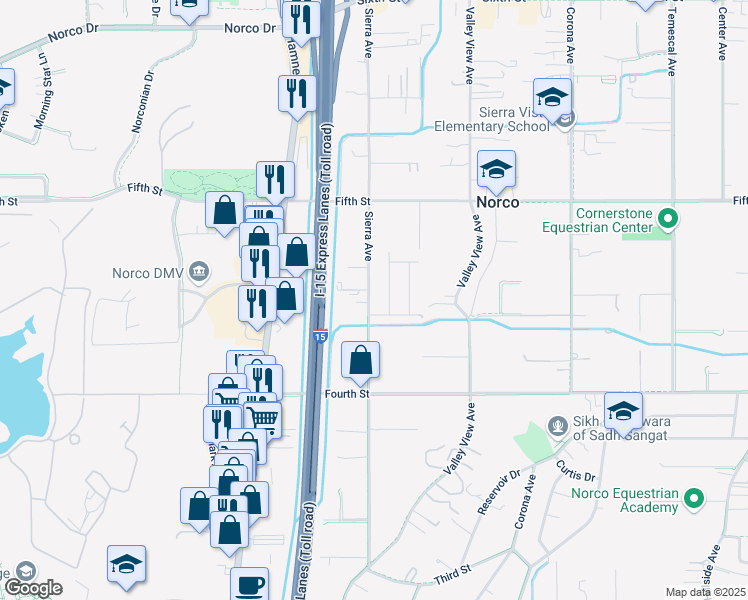 map of restaurants, bars, coffee shops, grocery stores, and more near 3149 Sierra Avenue in Norco