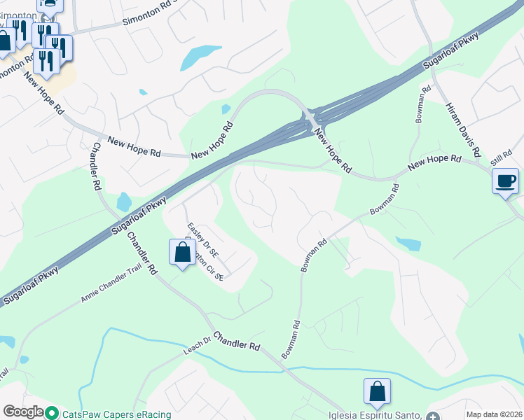 map of restaurants, bars, coffee shops, grocery stores, and more near 1385 Little Hampton Drive in Lawrenceville
