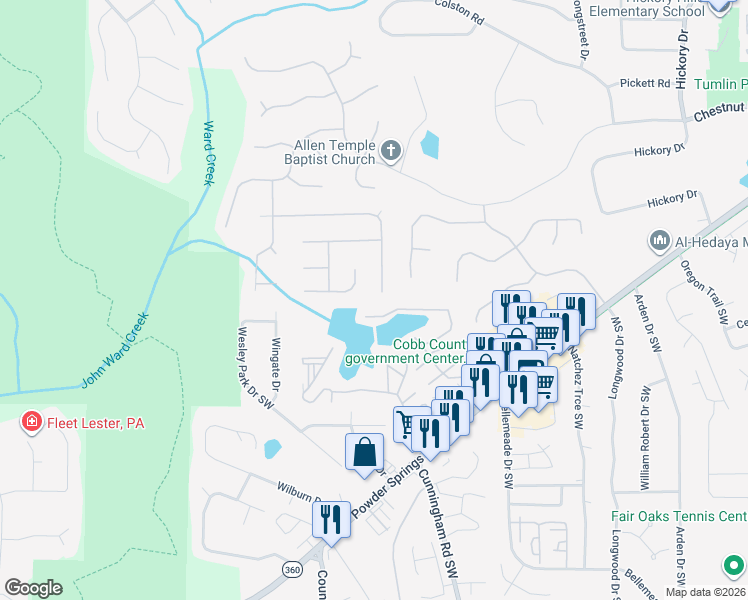 map of restaurants, bars, coffee shops, grocery stores, and more near 901 Denmeade Walk Southwest in Marietta