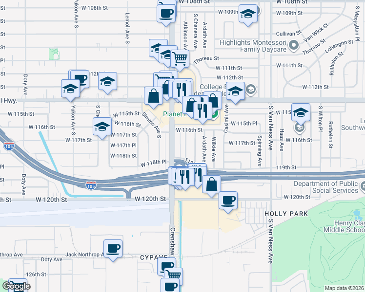 map of restaurants, bars, coffee shops, grocery stores, and more near 11726 South Crenshaw Bl in Inglewood