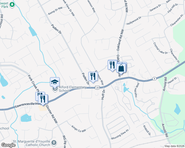 map of restaurants, bars, coffee shops, grocery stores, and more near Paden Cove Trail in Lawrenceville