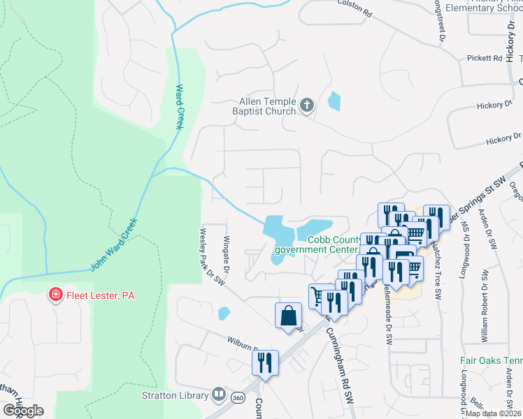 map of restaurants, bars, coffee shops, grocery stores, and more near 981 Marbury Court Southwest in Marietta