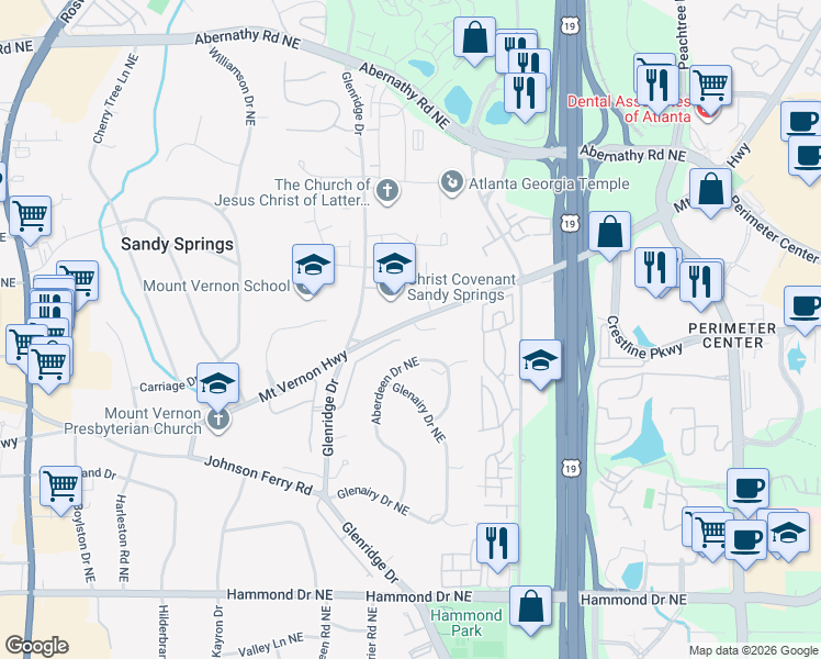map of restaurants, bars, coffee shops, grocery stores, and more near 6380 Cotswold Lane in Atlanta