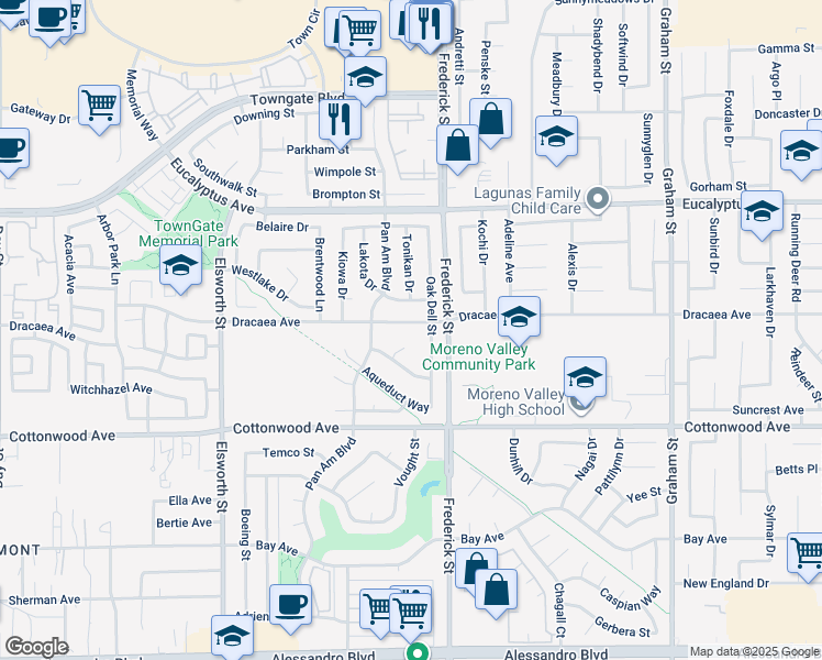 map of restaurants, bars, coffee shops, grocery stores, and more near 13306 Appleby Court in Moreno Valley