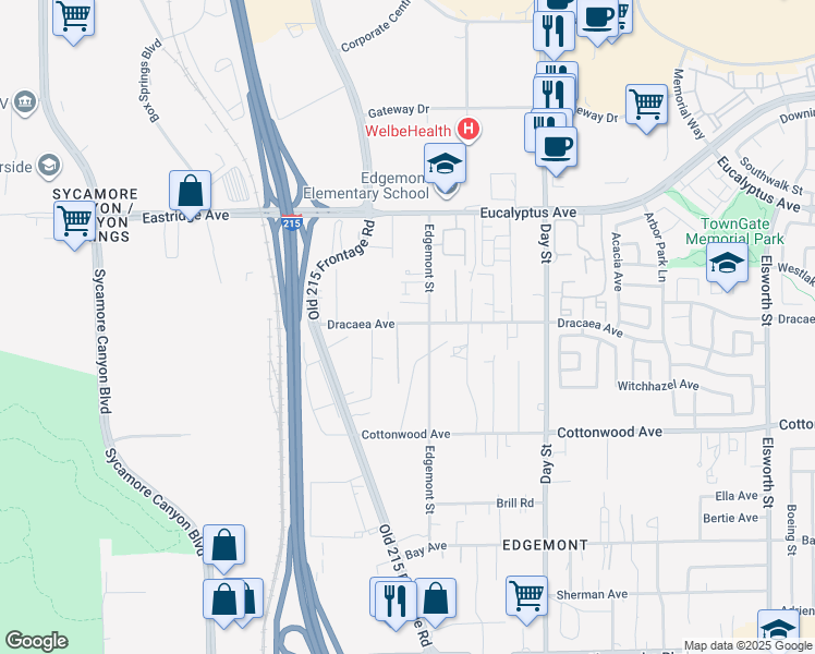 map of restaurants, bars, coffee shops, grocery stores, and more near 13293 Edgemont Street in Moreno Valley