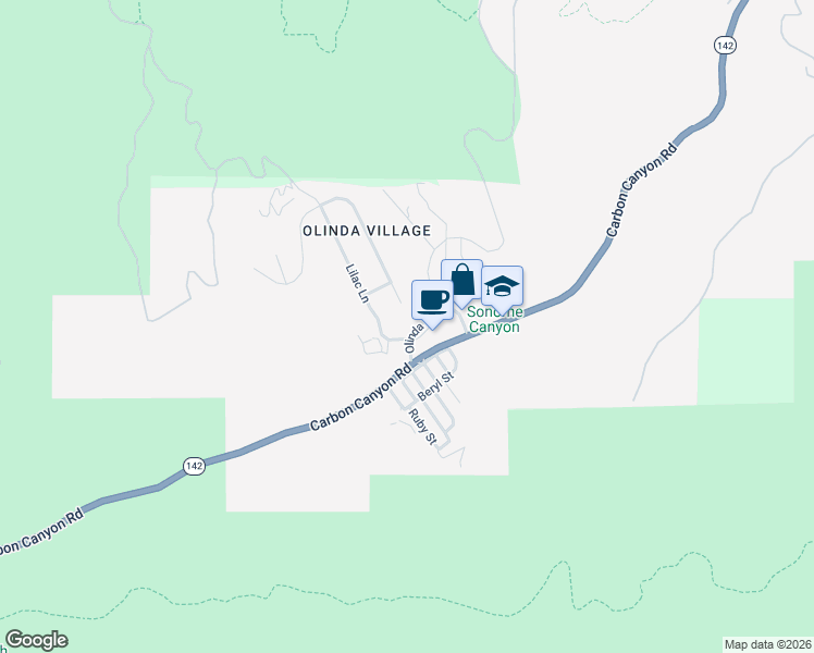 map of restaurants, bars, coffee shops, grocery stores, and more near 115 Olinda Place in Brea