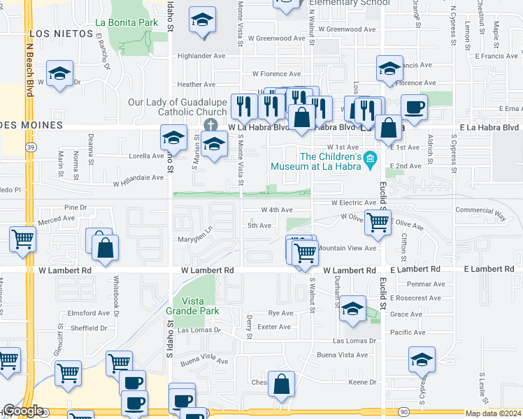 map of restaurants, bars, coffee shops, grocery stores, and more near 725 5th Avenue in La Habra