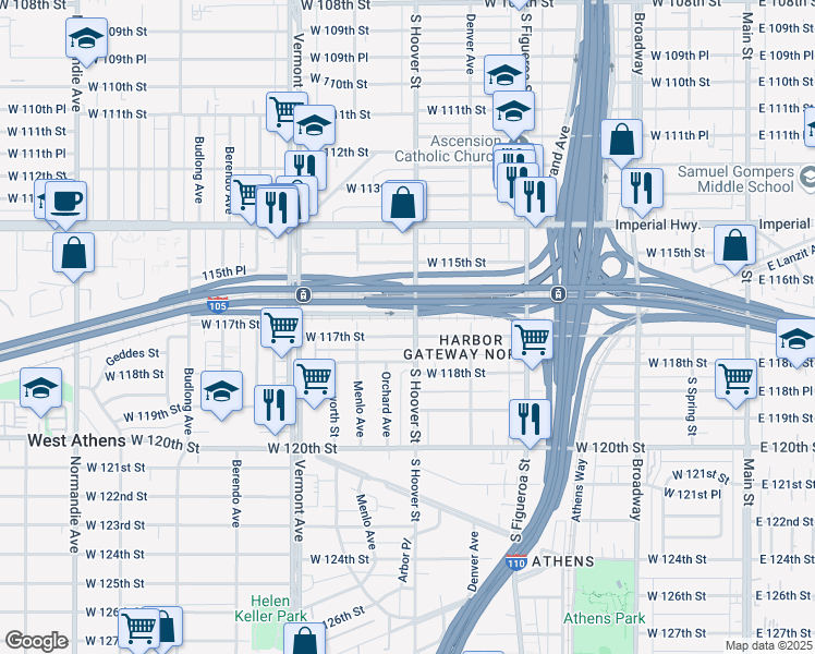 map of restaurants, bars, coffee shops, grocery stores, and more near 656 West 117th Street in Los Angeles