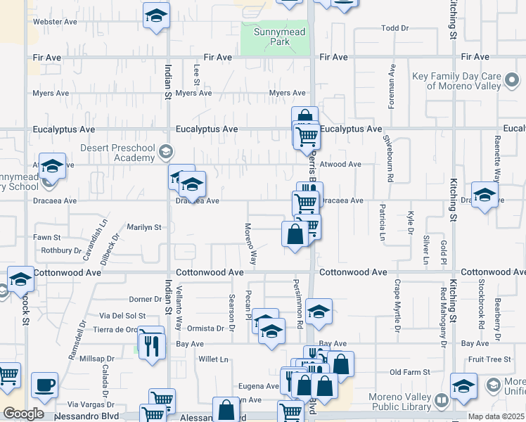 map of restaurants, bars, coffee shops, grocery stores, and more near 24830 Lukewood Place in Moreno Valley