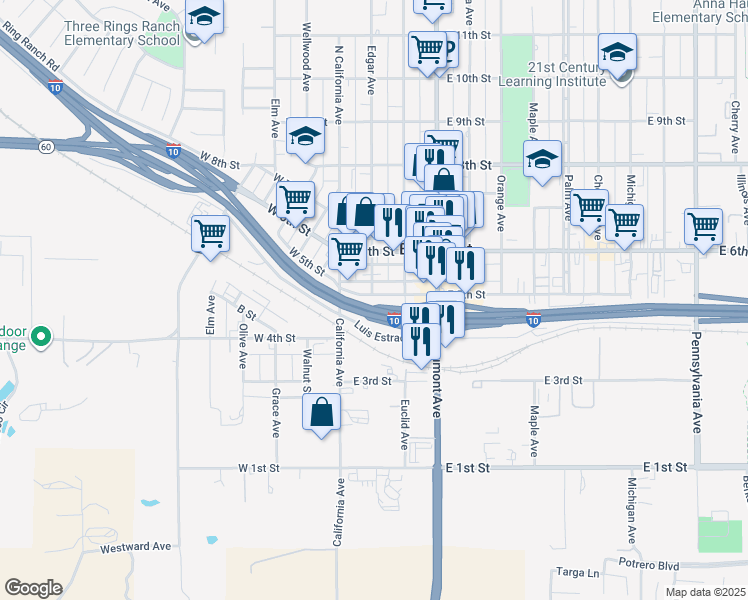 map of restaurants, bars, coffee shops, grocery stores, and more near 207 East 5th Street in Beaumont
