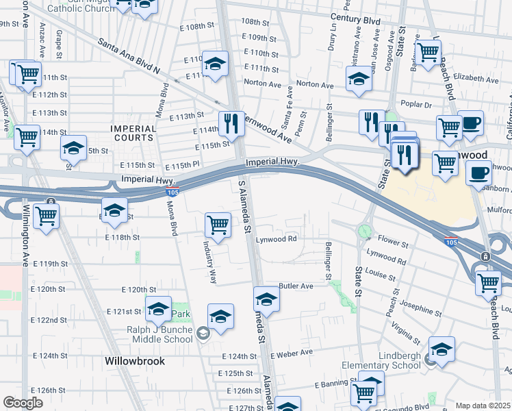 map of restaurants, bars, coffee shops, grocery stores, and more near 11600 Alameda Street in Lynwood