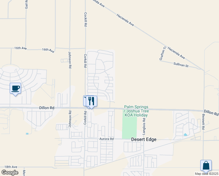 map of restaurants, bars, coffee shops, grocery stores, and more near 70200 Dillon Road in Desert Hot Springs