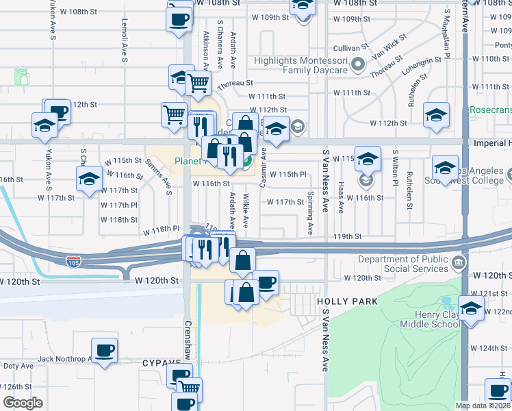 map of restaurants, bars, coffee shops, grocery stores, and more near 2524 West 118th Street in Hawthorne