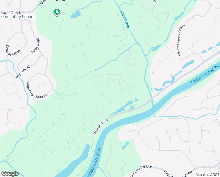 map of restaurants, bars, coffee shops, grocery stores, and more near 4077 Riverlook Parkway Southeast in Marietta