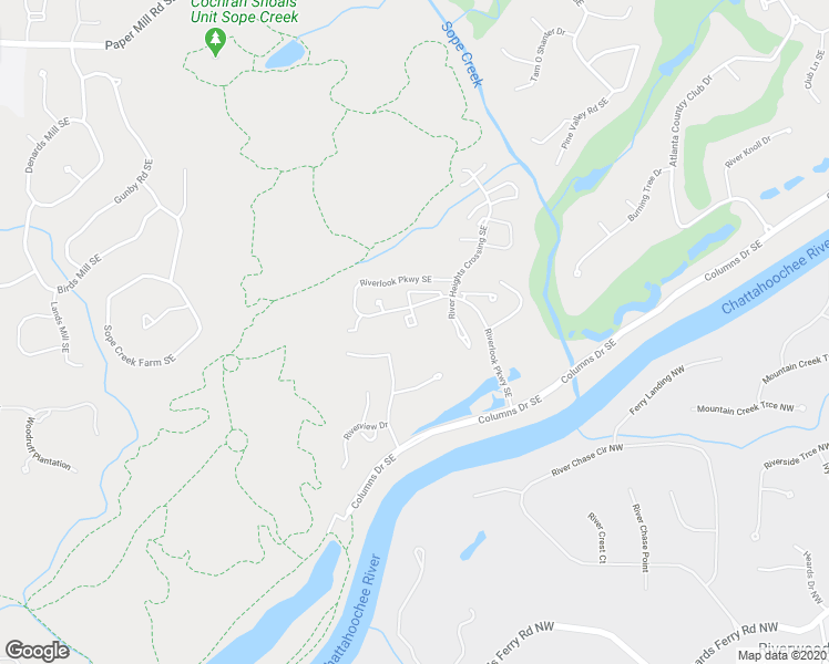 map of restaurants, bars, coffee shops, grocery stores, and more near 4120 Riverlook Parkway Southeast in Marietta