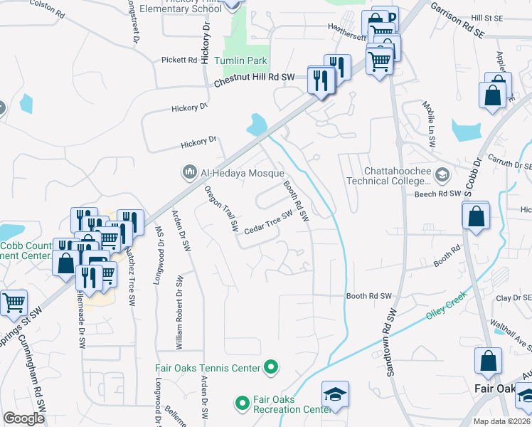 map of restaurants, bars, coffee shops, grocery stores, and more near 410 Booth Circle Southwest in Marietta