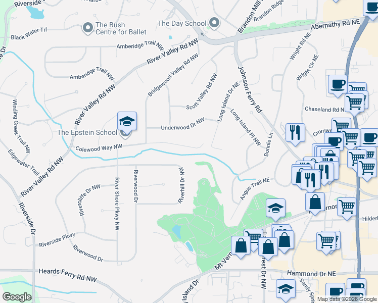 map of restaurants, bars, coffee shops, grocery stores, and more near 210 Colewood Way Northwest in Atlanta
