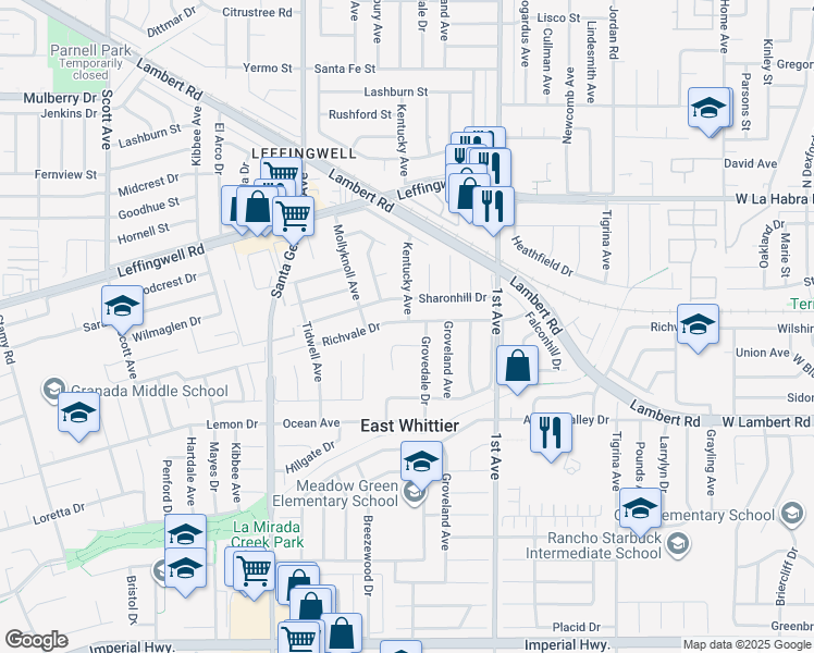 map of restaurants, bars, coffee shops, grocery stores, and more near 16018 Richvale Drive in Whittier