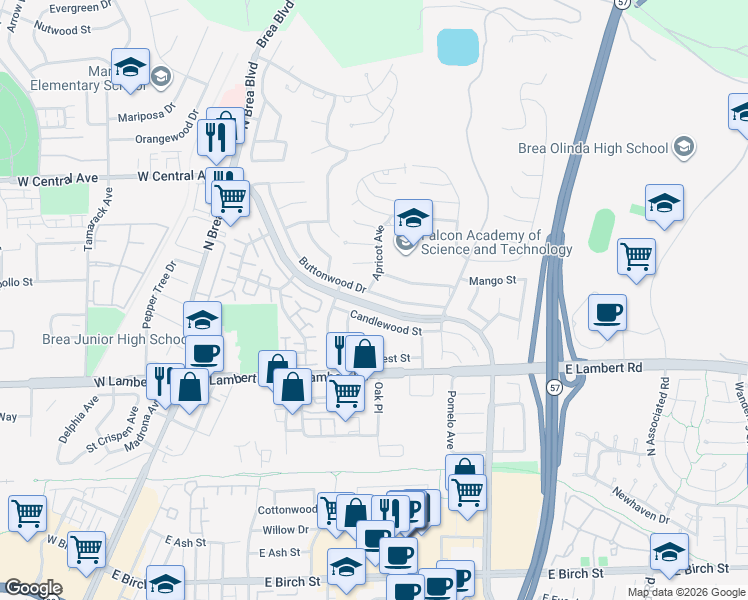 map of restaurants, bars, coffee shops, grocery stores, and more near 516 Buttonwood Drive in Brea
