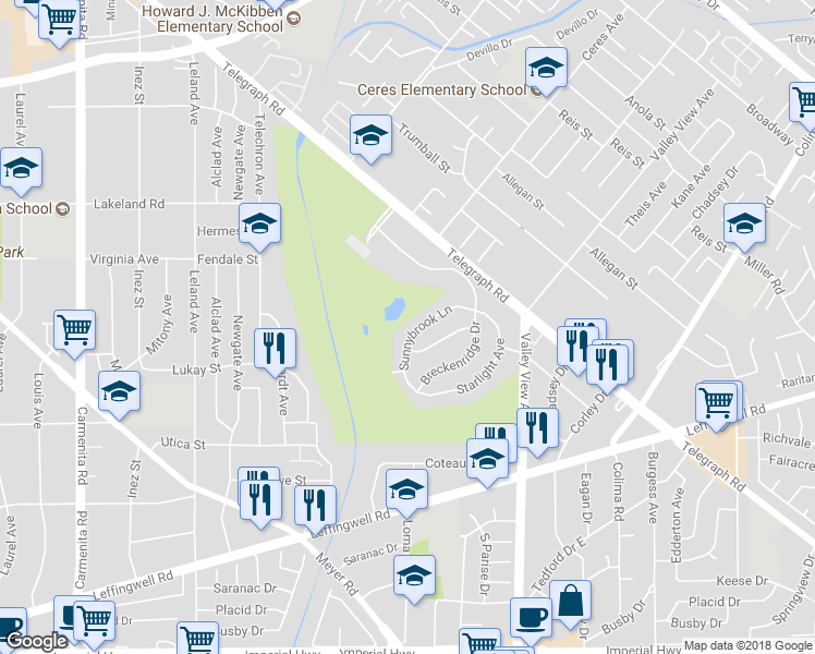 map of restaurants, bars, coffee shops, grocery stores, and more near 11531 Sunnybrook Lane in Whittier