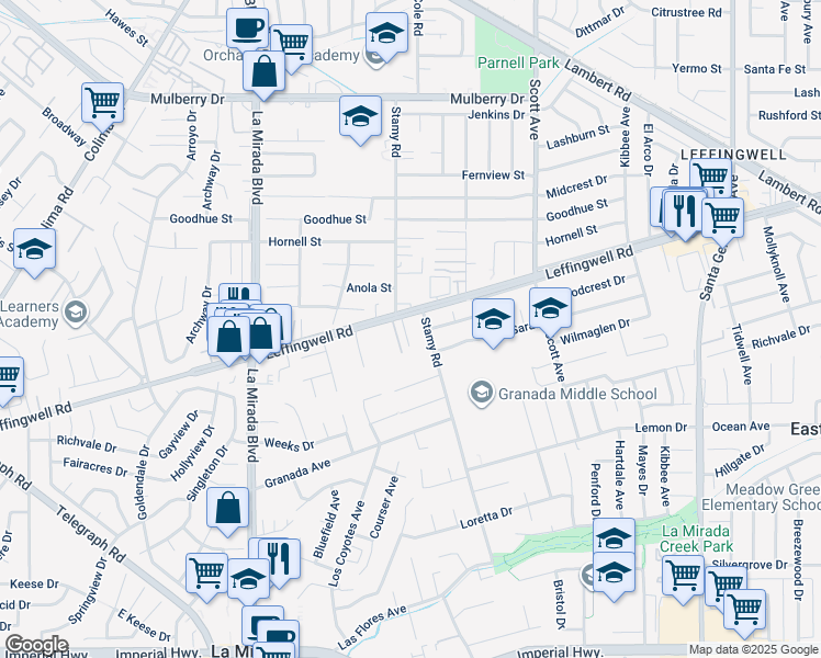 map of restaurants, bars, coffee shops, grocery stores, and more near 11609 Stamy Road in La Mirada