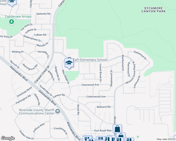 map of restaurants, bars, coffee shops, grocery stores, and more near 6755 Coral Leaf Lane in Riverside