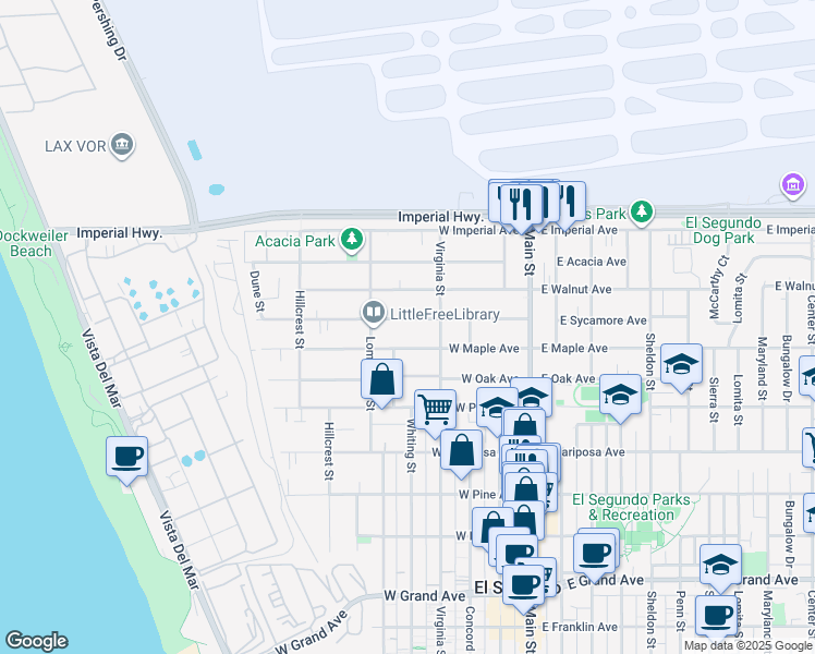 map of restaurants, bars, coffee shops, grocery stores, and more near 506 West Sycamore Avenue in El Segundo