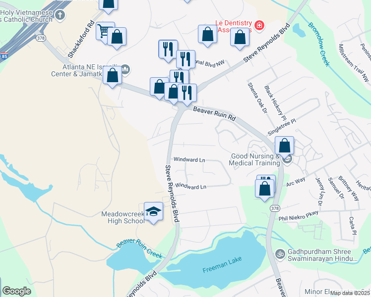 map of restaurants, bars, coffee shops, grocery stores, and more near 4398 Redgate Road in Norcross