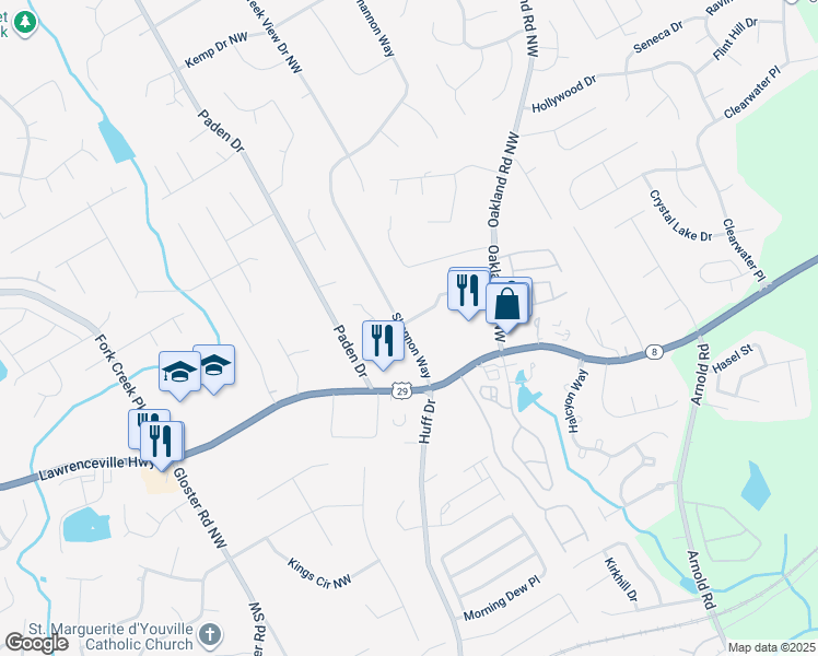 map of restaurants, bars, coffee shops, grocery stores, and more near 620 Oakland Road in Lawrenceville
