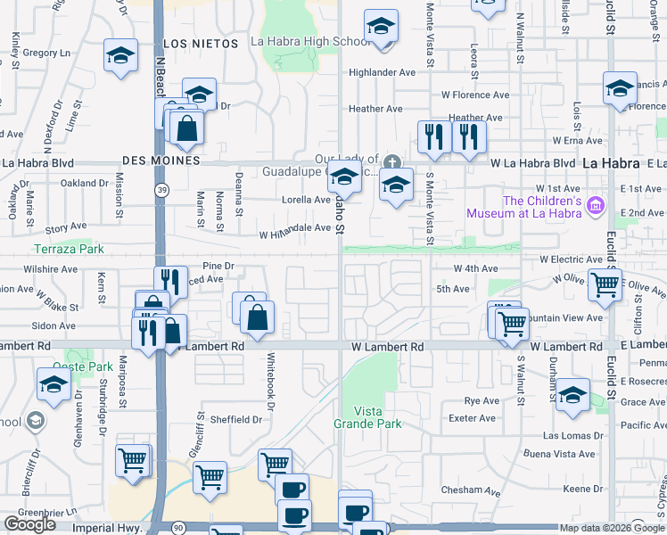 map of restaurants, bars, coffee shops, grocery stores, and more near 501 South Idaho Street in La Habra