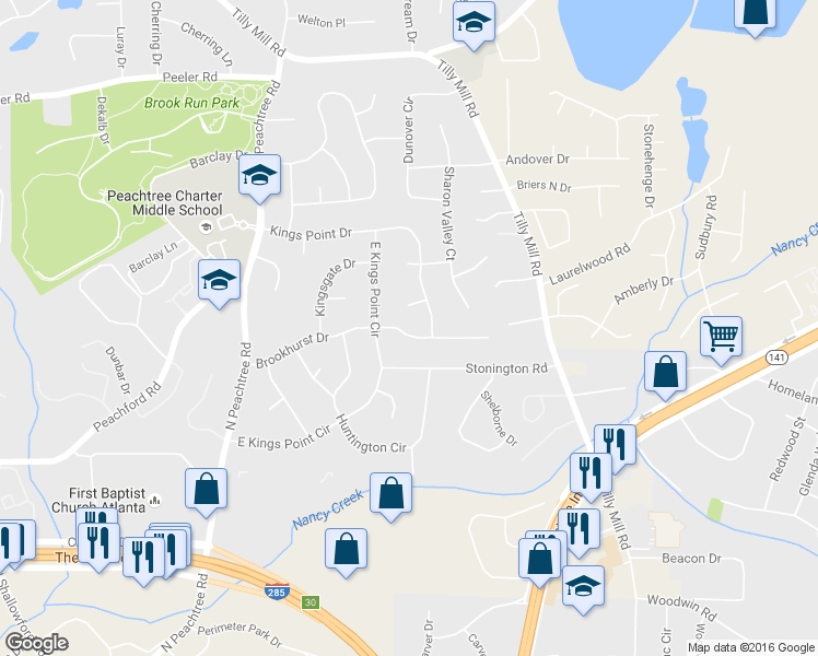 map of restaurants, bars, coffee shops, grocery stores, and more near 2414 Brookhurst Dr in Dunwoody